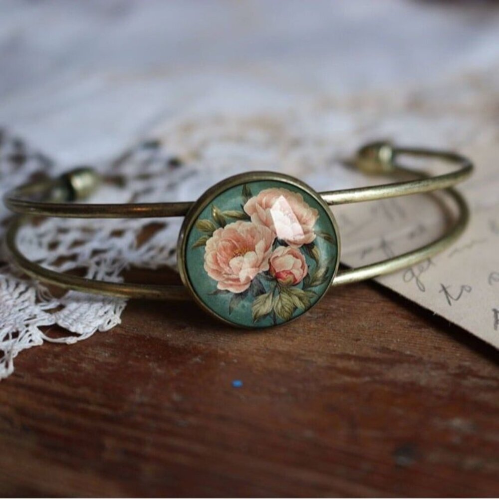 Pink Peony Cuff Bracelet - Spring Glass Cabochon‎ Jewelry - Indiana State Flower